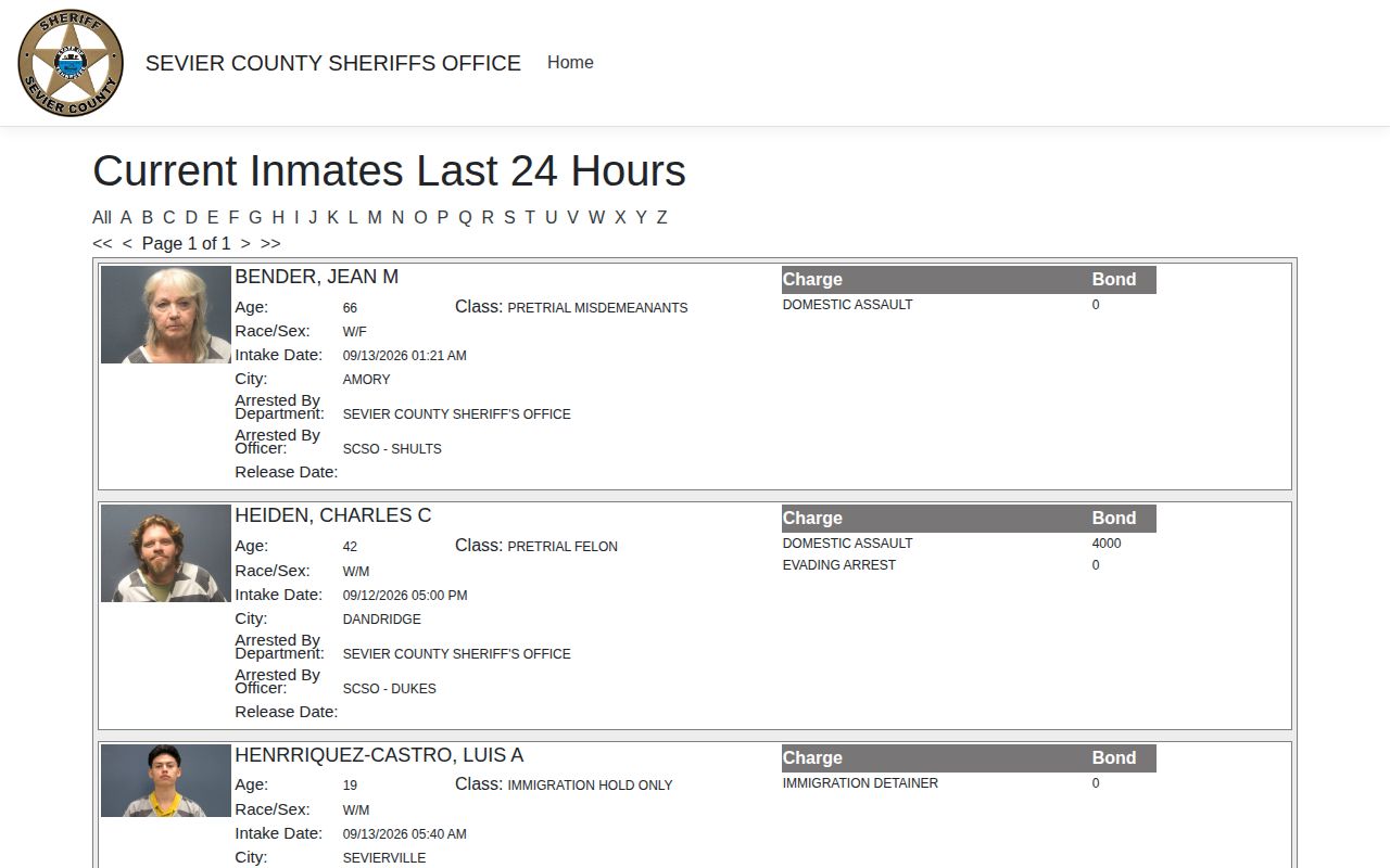Sevier County 24 hour arrests intake and release view