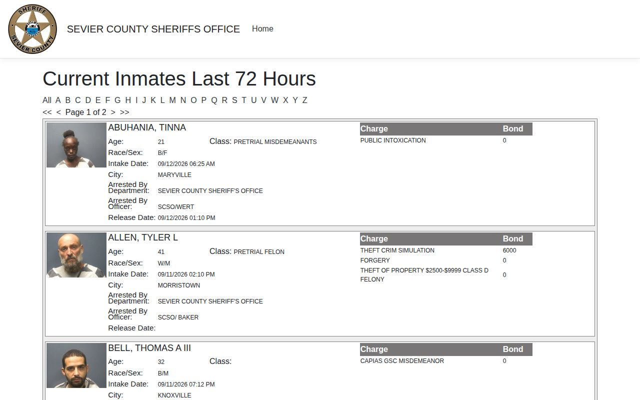 Sevier County arrest reports official 72-hour blotter