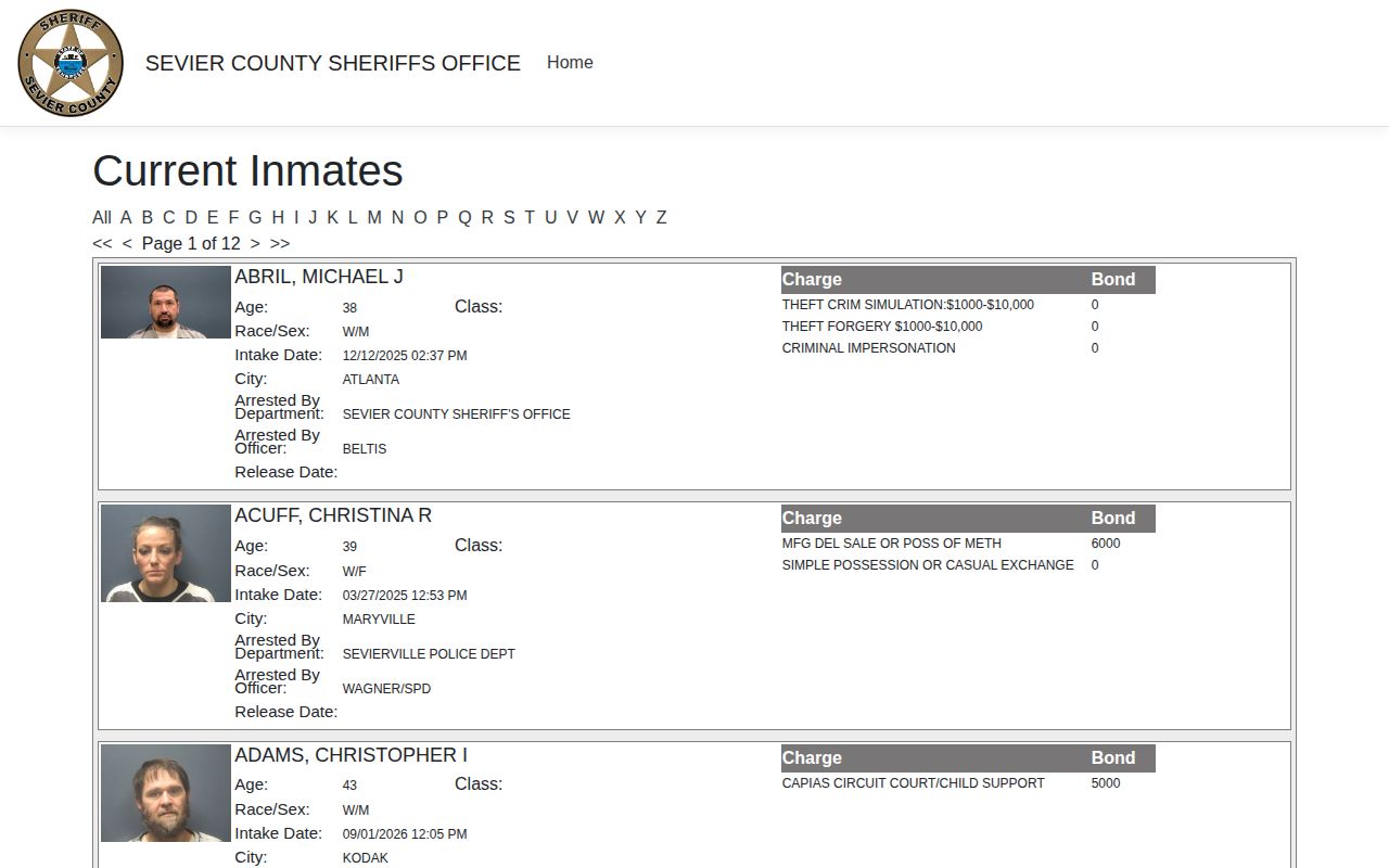 Sevier County current arrest custody roster